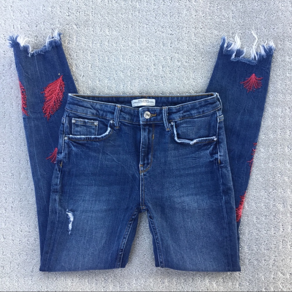 Zara Woman Mid Rise Raw Hem Skinny Jeans Sz 4 Boho